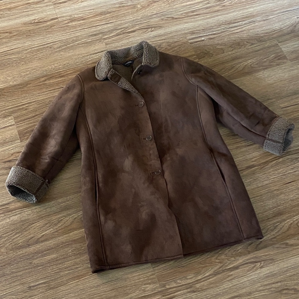 Lands' End Penny lane Faux Suede Sherpa Lined Long Shearling Jacket Coat size L - Picture 2 of 10